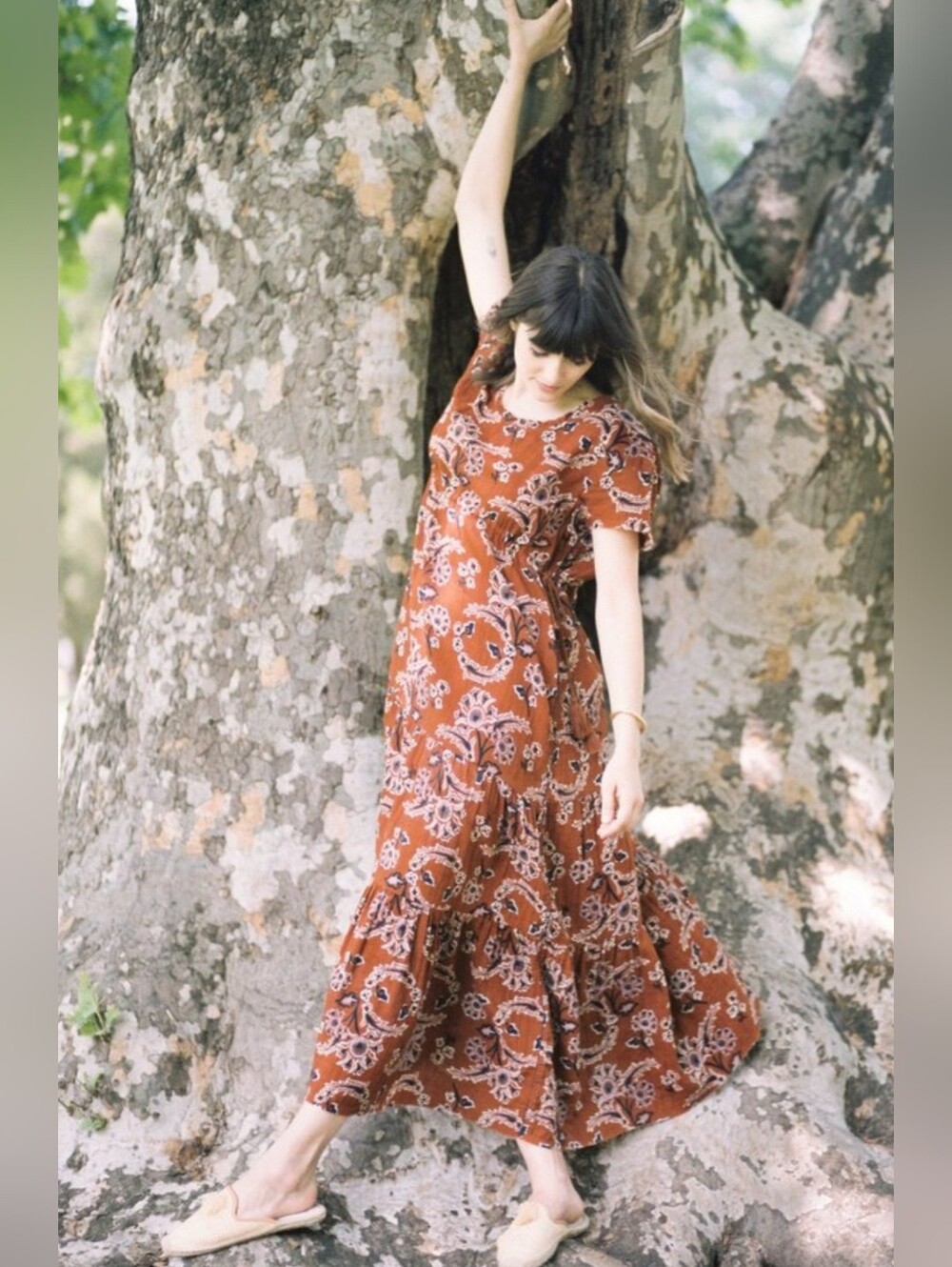 VOLOSHIN AKO RUFFLE TIERED DOUBLE GAUZE COTTON BOHO MAXI DRESS In UMBER/SMALL